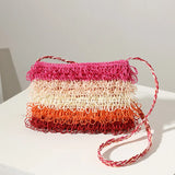 Women Striped Straw Bag One-shoulder Tassel Small Hand-woven Bag