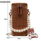 Women Summer Beach Cyclinder Bag Pearls Chain Crossbody Straw Woven Shoulder Bag