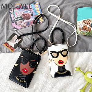 Women Lady Face Crossbody Shoulder Bag PU Leather Small Chain Handbag