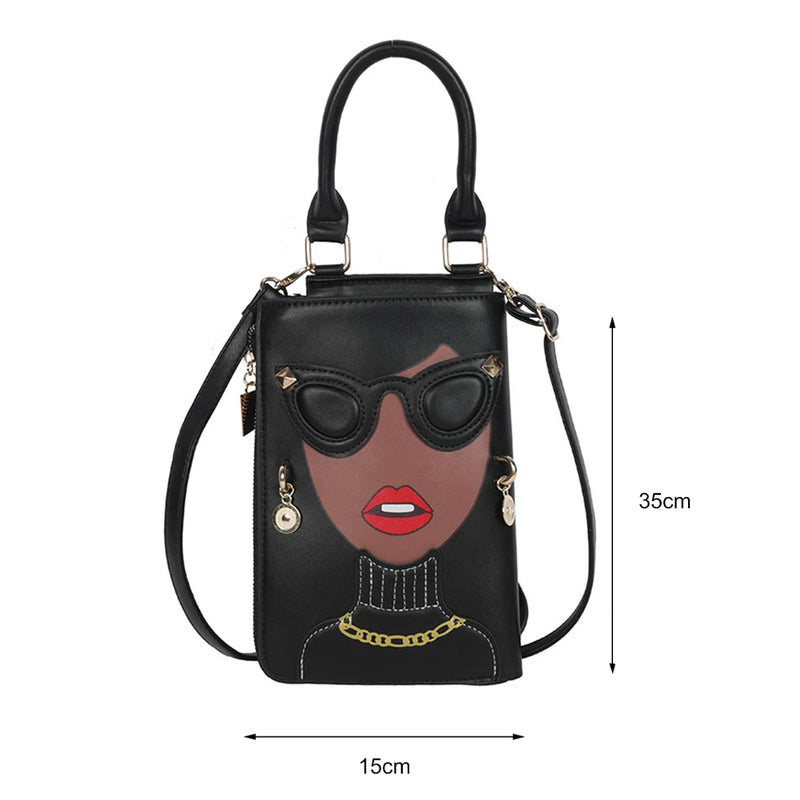 Novelty Lady Face Crossbody Shoulder Bag PU Leather Satchel for Women