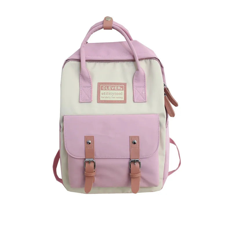 Waterproof Nylon Backpack for Teenagers Girls Patchwork Rucksack