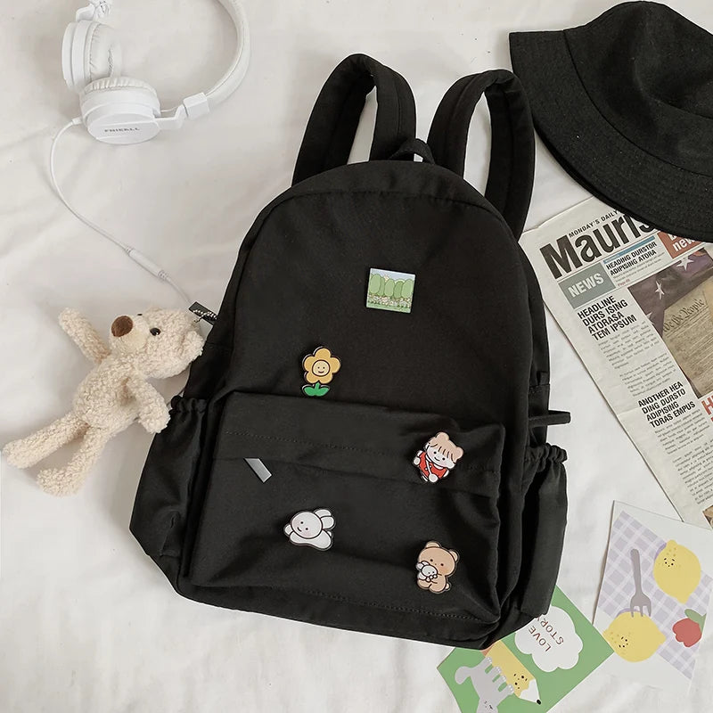Women Nylon Backpack Bear Female Student College School Bag Badge