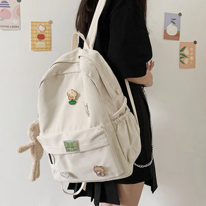 Women Nylon Backpack Bear Female Student College School Bag Badge