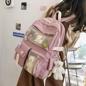 Nylon Mesh Backpack for Teen Girls with Bear Pendant