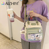Women Nylon PVC Durable Backpack Lady Preppy Casual Zipper Contrast Shoulder Bag