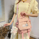 Women Nylon School Backpack with Pendant Pin
