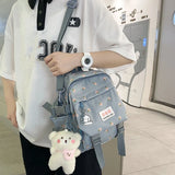 Women Nylon School Backpack with Pendant Pin