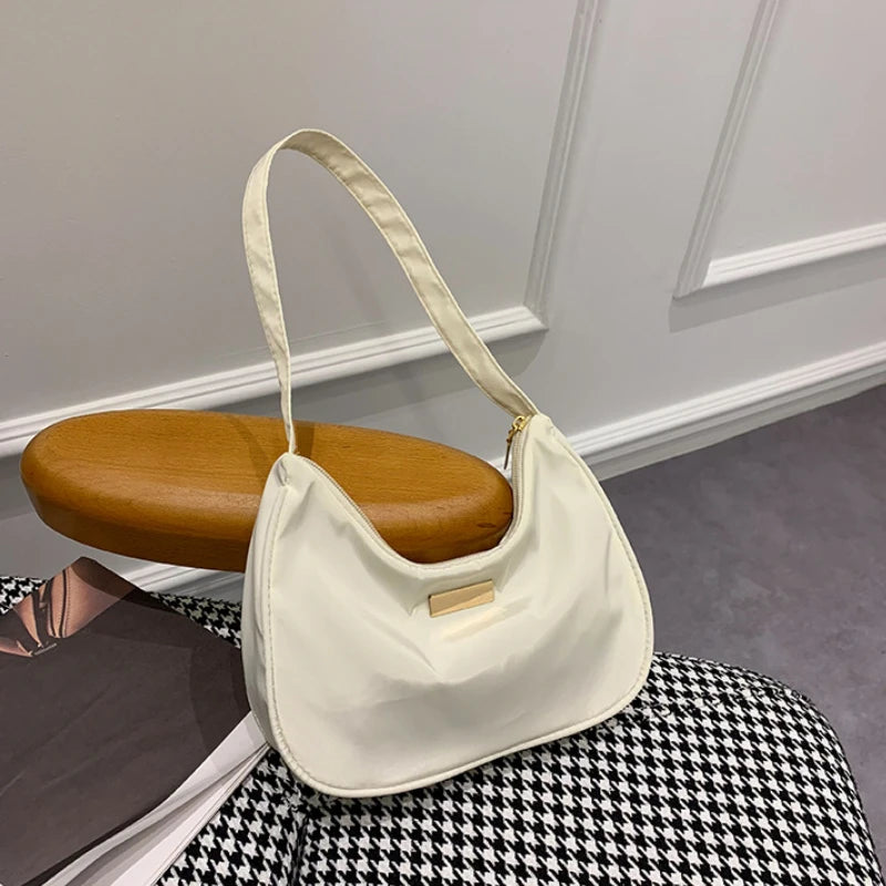 Women Nylon Solid Shoulder Bag Zipper Small Crescent Messenger Handbags