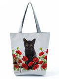 Women Outdoor Floral Cat Printed Tote Bag High Capacity Shopping Bag Red