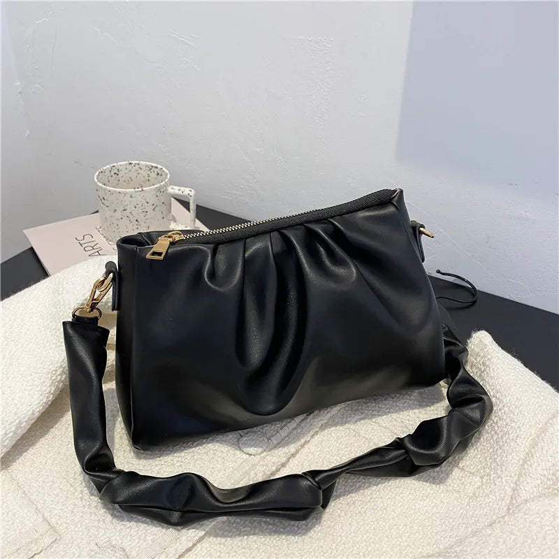 Soft Ruched PU Leather Shoulder Bag Large Capacity Zipper Cross-body