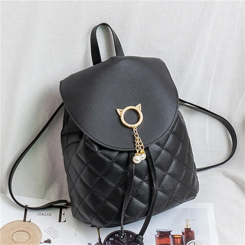 PU Leather Small Backpack with Diamond Lattice Phone Pouch