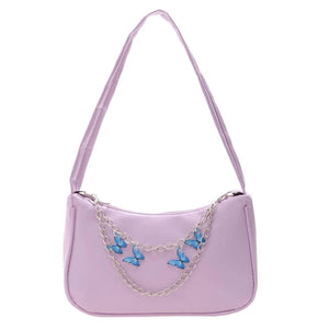 Women PU Underarm Handbags Zipper Closure Butterfly Pendant Chain