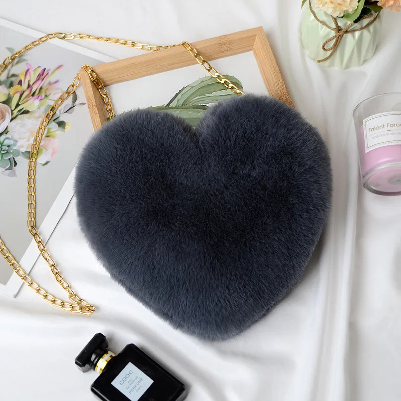 Women Peach Heart Bag Faux Rabbit Fur Heart-Shaped Love Bag