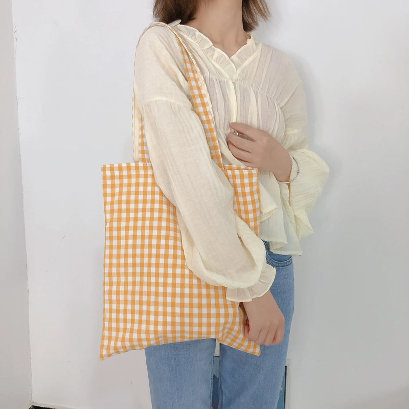 Plaid Canvas Shoulder Bag Large Eco-Friendly Tote Bags Women Gift