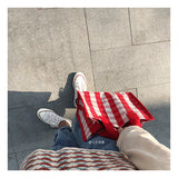 Women Plaid Canvas Tote Bag Retro Girls Large Carrying Lunch Box Shoulder Shoppi