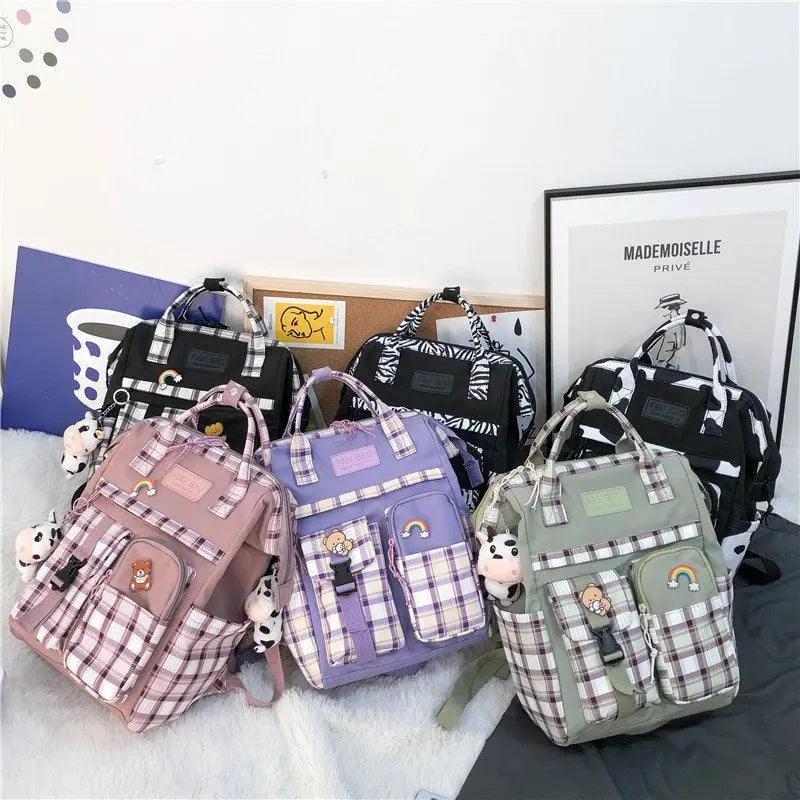 Women Plaid Purple Backpack Cow Pattern Travel Bag Vintage Schoolbag