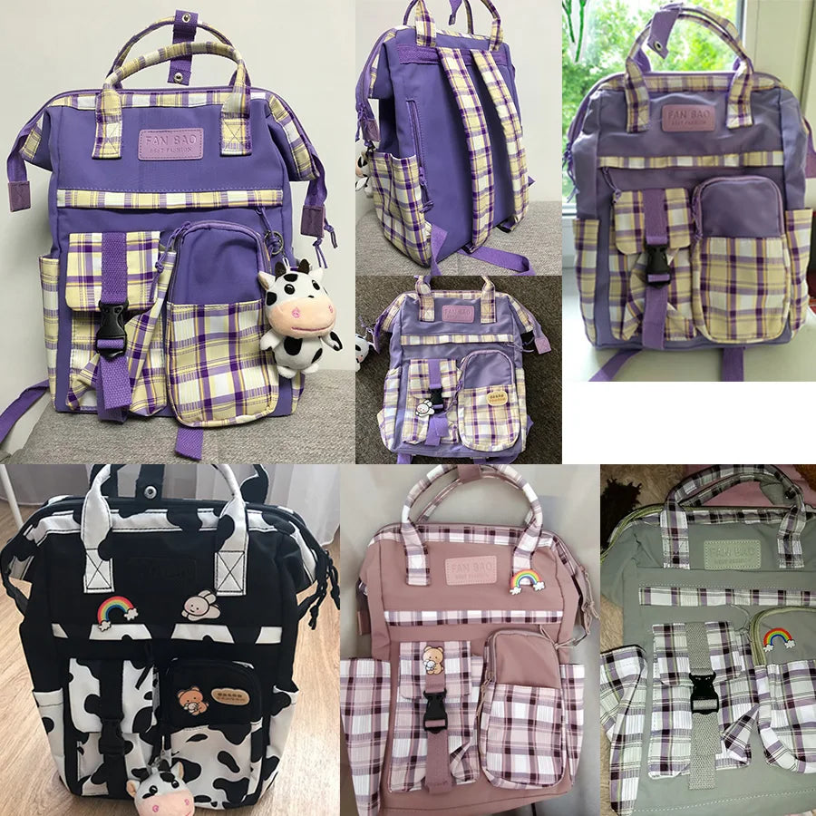 Women Plaid Purple Backpack Cow Pattern Travel Bag Vintage Schoolbag