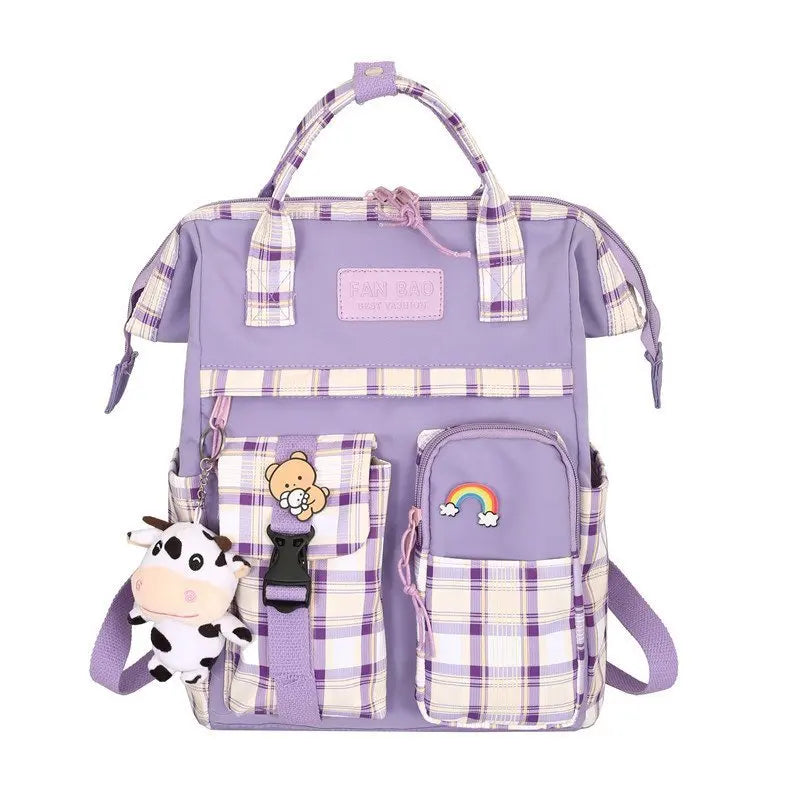 Women Plaid Purple Backpack Cow Pattern Travel Bag Vintage Schoolbag