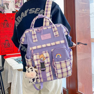 Women Plaid Purple Backpack Cow Pattern Travel Bag Vintage Schoolbag
