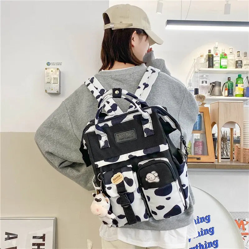 Women Plaid Purple Backpack Cow Pattern Travel Bag Vintage Schoolbag