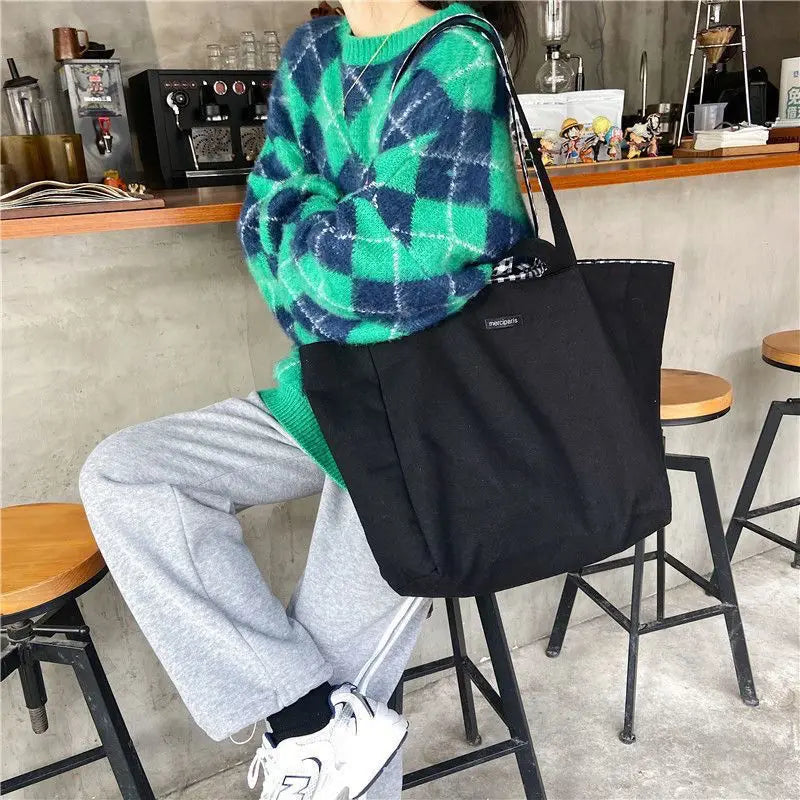 Plaid Shopping Bags Shoulder Tote Student Canvas Bag