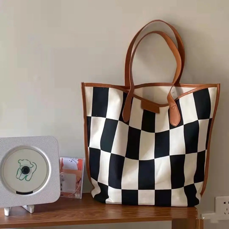 Women Plaid Shoulder Bags Canvas PU Patchwork Large Capacity Tote Bag