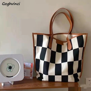 Women Plaid Shoulder Bags Canvas PU Patchwork Large Capacity Tote Bag