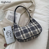 Women Plaid Shoulder Bags Vintage Underarm Canvas Bag Ladies Zipper Handbags
