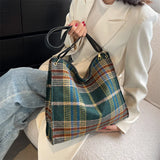 Women Plaid Woolen Cloth Shoulder Tote Bag Retro Shopper Eco Shopping Bag