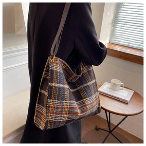 Women Plaid Woolen Cloth Shoulder Tote Bag Retro Shopper Eco Shopping Bag