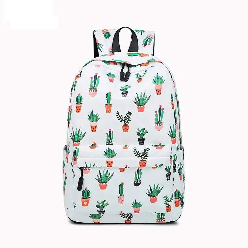 Women Plant Printing School Backpack Cactus Travel Laptop Knapsack