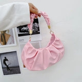 Women Pleated Bag Solid Hobos Shoulder Underarm Bag Ladies Casual PU Leather