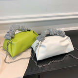 Women Pleated Shoulder Crossbody Bag Rhinestones Clutch Handbag