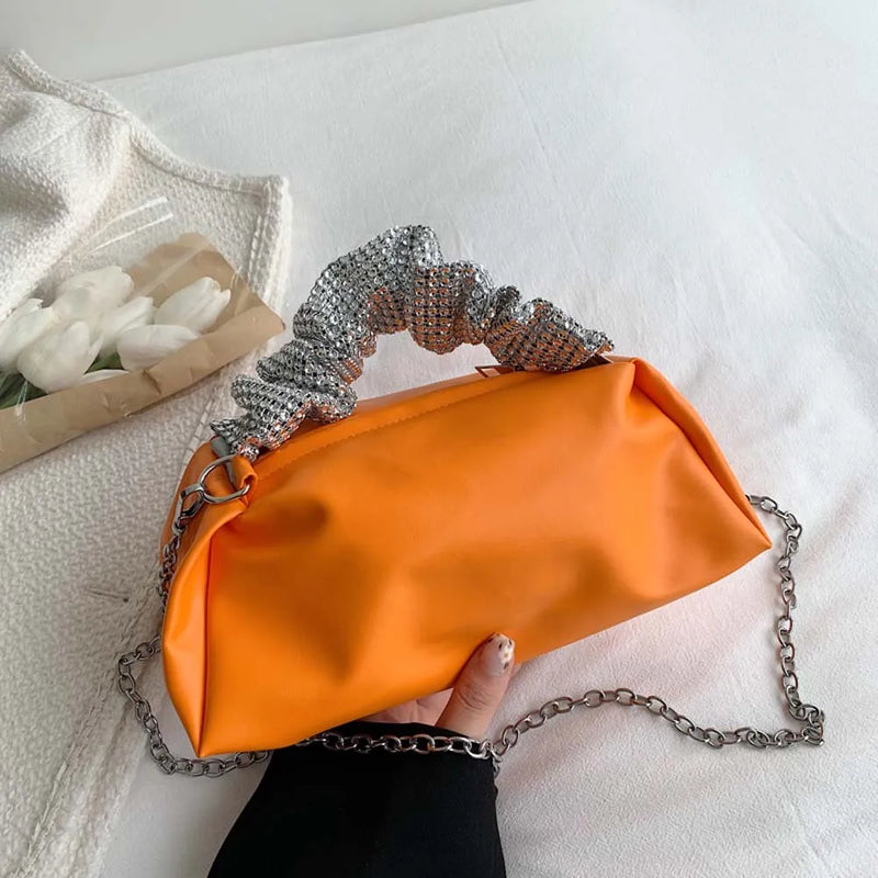 Women Pleated Shoulder Crossbody Bag Rhinestones Clutch Handbag