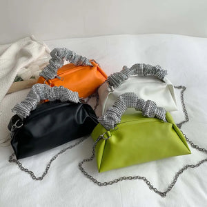 Women Pleated Shoulder Crossbody Bag Rhinestones Clutch Handbag