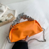 Women Pleated Shoulder Crossbody Bag Rhinestones Clutch Handbag