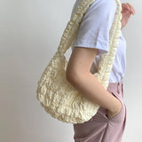 Women Pleated Lattice Shoulder Bag Large Capacity Crossbody Tote Soft Handbag