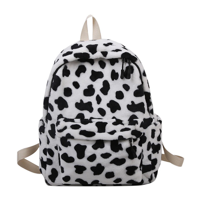 Women Plush Backpack School Shoulder Bag Animal Cow Pattern Travel Rucksack