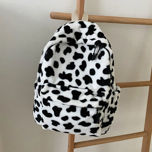 Women Plush Backpack School Shoulder Bag Animal Cow Pattern Travel Rucksack