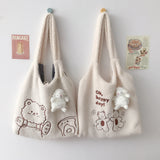 Plush Bear Embroidered Shoulder Tote Bag Canvas Soft Handbag