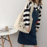 Plush Bear Embroidered Shoulder Tote Bag Canvas Soft Handbag