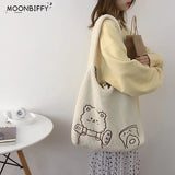 Women Plush Bear Embroidered Shoulder Tote Bag Canvas Fluffy Handbags