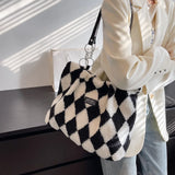 Women Plush Checkerboard Pattern Top-handle Bag Large Capacity