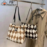 Women Checkerboard Top-handle Bag Faux Fur Autumn Winter Large Capacity