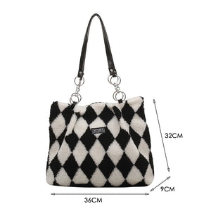 Women Plush Faux Fur Checkerboard Top-handle Bag