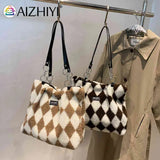 Faux Fur Checkerboard Top-handle Bag Large Capacity Fluffy All-match Shoulder Ba
