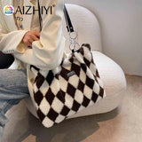 Faux Fur Checkerboard Top-handle Bag Large Capacity Fluffy All-match Shoulder Ba