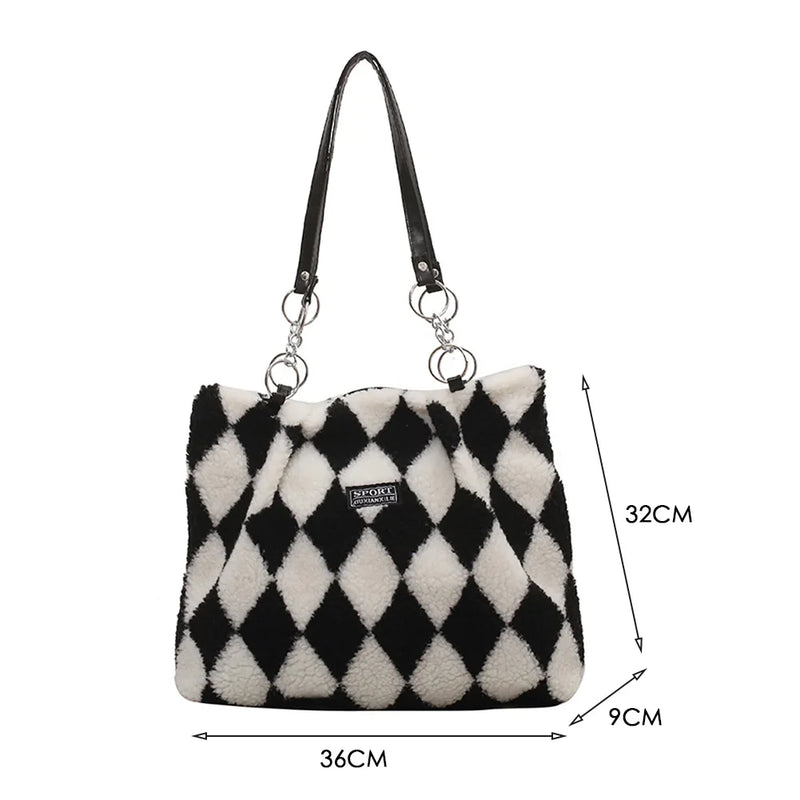 Faux Fur Checkerboard Top-handle Bag Large Capacity Fluffy All-match Shoulder Ba