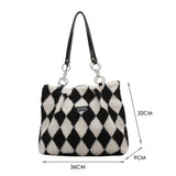 Women Checkerboard Top-handle Bag Faux Fur Autumn Winter Large Capacity