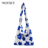 Women Plush Flower Shoulder Bag Winter Warm Fabric Shopping Bags